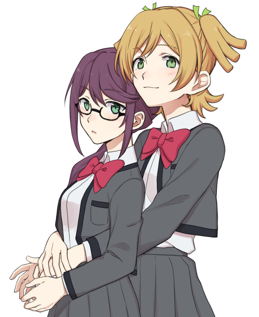 2girls, absurdres, bangs, black-framed_eyewear, blush, bow, bowtie, breast_pocket, closed_mouth, collared_shirt, commentary, cowboy_shot, daiba_nana, eyebrows_visible_through_hair, glasses, green_eyes, green_ribbon, grey_jacket, grey_skirt, hair_over_shoulder, hair_ribbon, head_to_head, height_difference, highres, hoshimi_junna, hug, hug_from_behind, jacket, light_brown_hair, light_smile, long_hair, long_sleeves, looking_at_viewer, low_ponytail, multiple_girls, nagisa_(12363), open_clothes, open_jacket, own_hands_together, parted_lips, pleated_skirt, pocket, purple_hair, red_bow, red_neckwear, ribbon, school_uniform, seishou_music_academy_uniform, shirt, shirt_tucked_in, short_twintails, shoujo_kageki_revue_starlight, sidelocks, simple_background, skirt, standing, swept_bangs, symbol-only_commentary, twintails, white_background, white_shirt, yuri