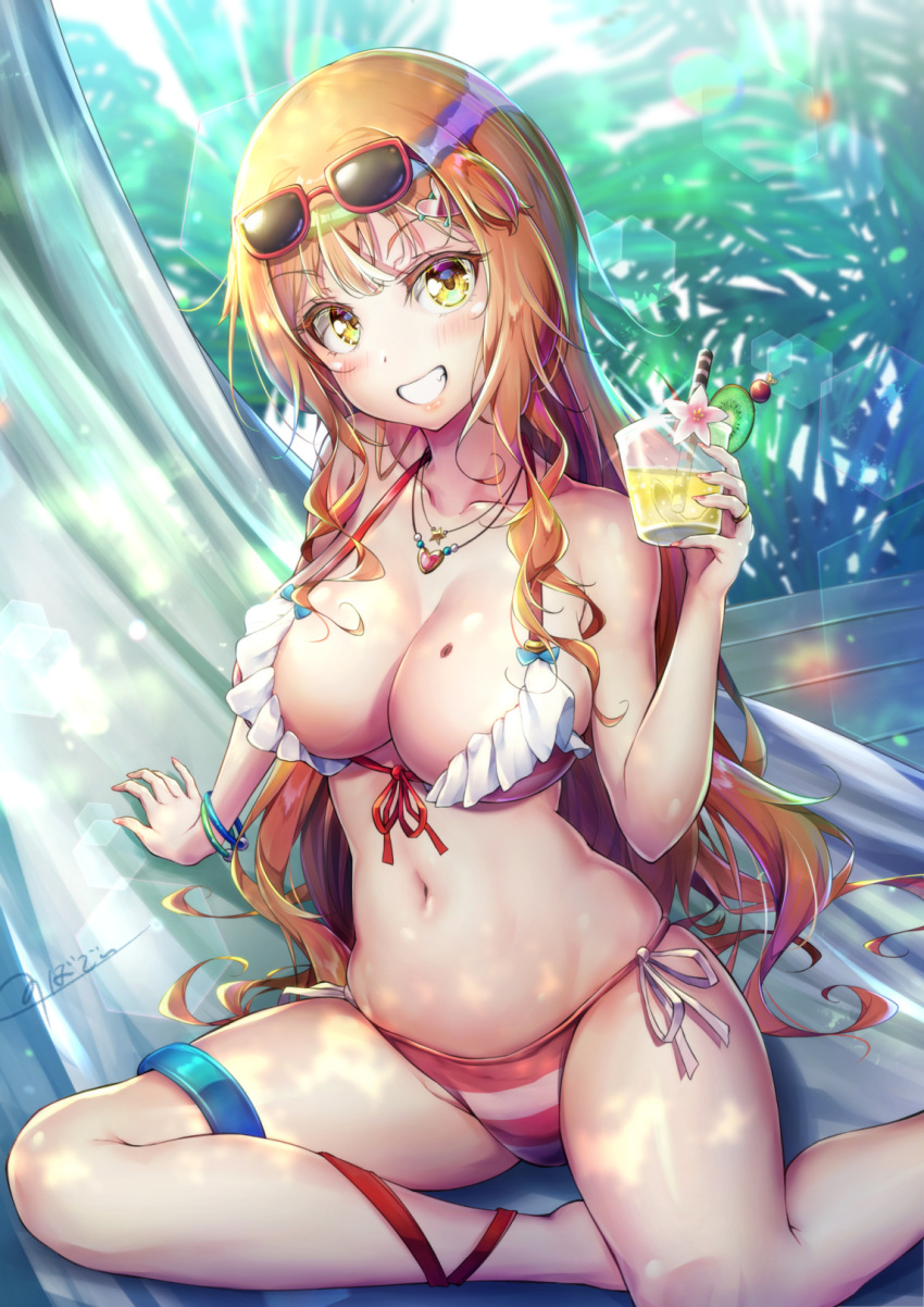 1girl, bikini, blush, breasts, cup, drinking_glass, eyewear_on_head, frilled_bikini