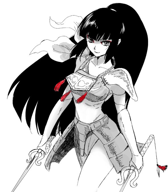 1girl, armor, collarbone, cowboy_shot, dual_wielding, holding, holding_sword, holding_weapon