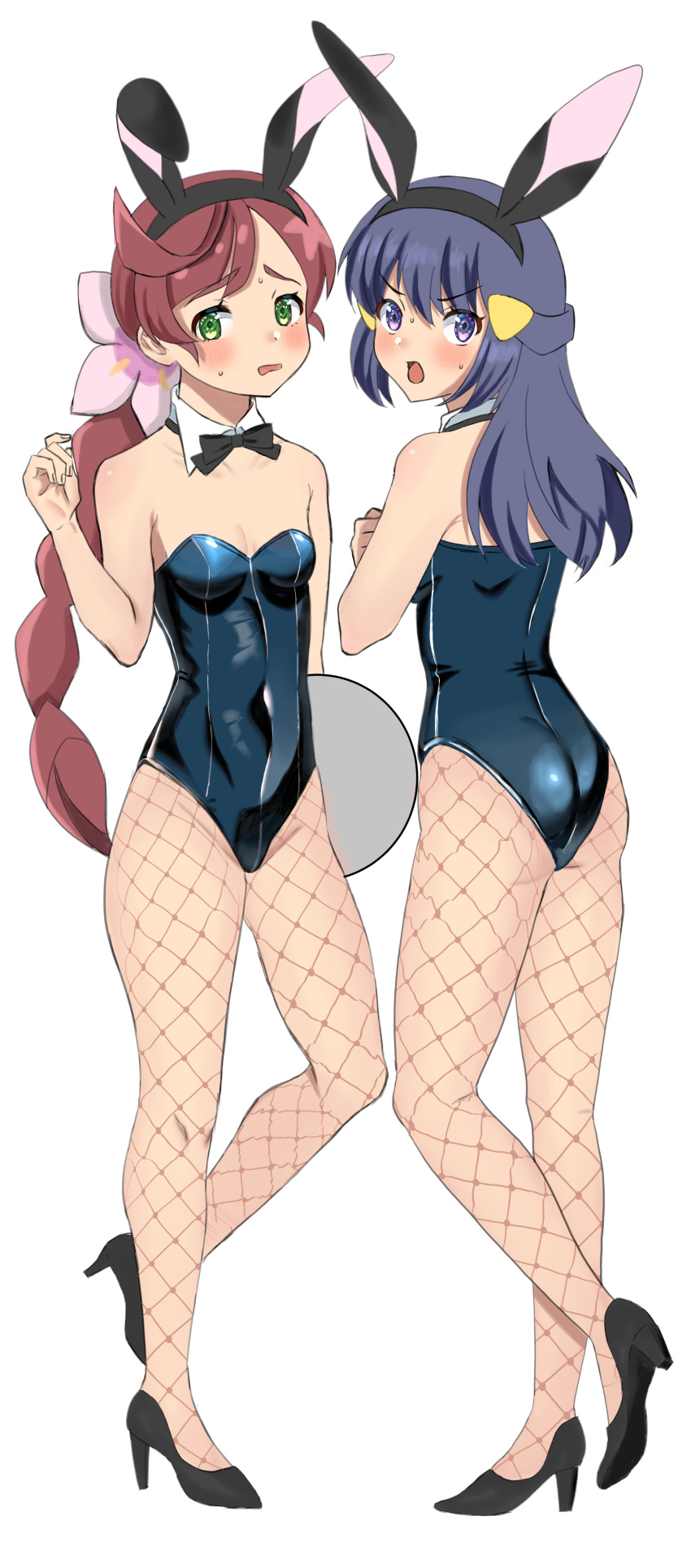 2girls, absurdres, animal_ears, ass, blue_eyes, blue_hair, breasts, chloe_(pokemon), hikari_(pokemon), fishnets, green_eyes, highres, long_hair, looking_back, multiple_girls, okuro_zmzm, pink_hair, playboy_bunny, pokemon, pokemon_(anime), pokemon_swsh_(anime), rabbit_ears, simple_background, small_breasts