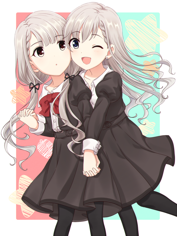 2girls, :d, aqua_background, bangs, black_dress, black_legwear, blue_eyes, bow