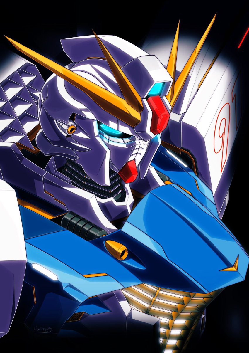 black_background, blue_eyes, f91_gundam, from_side, glowing, glowing_eye, gundam, gundam_f91, heyzan, highres, looking_down, mecha, mobile_suit, portrait, science_fiction, solo, v-fin