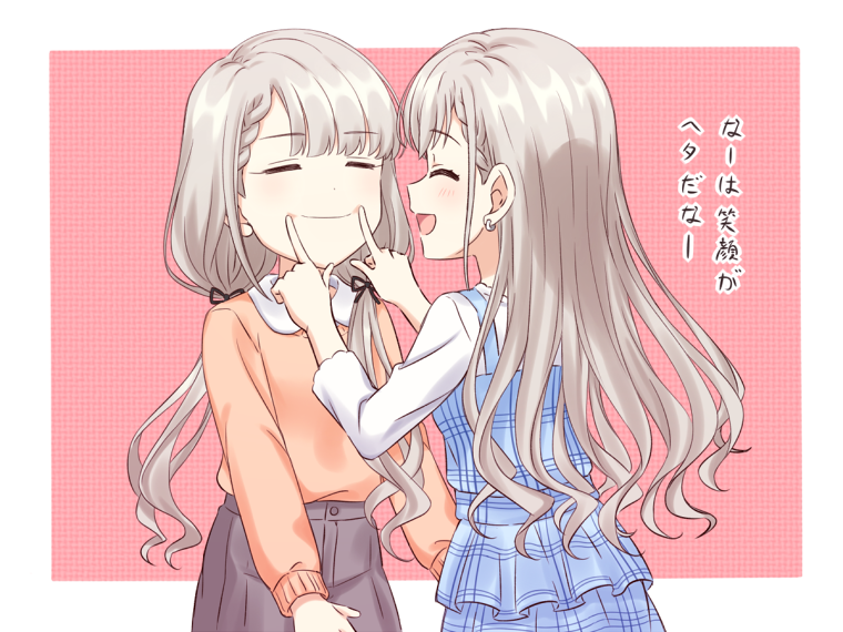 2girls, :d, bangs, blue_dress, braid, braided_bangs, brown_pants, closed_eyes