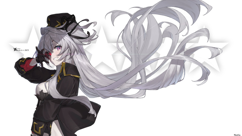 1girl, absurdres, alchemy_stars, artist_name, bangs, belt, black_gloves, black_headwear