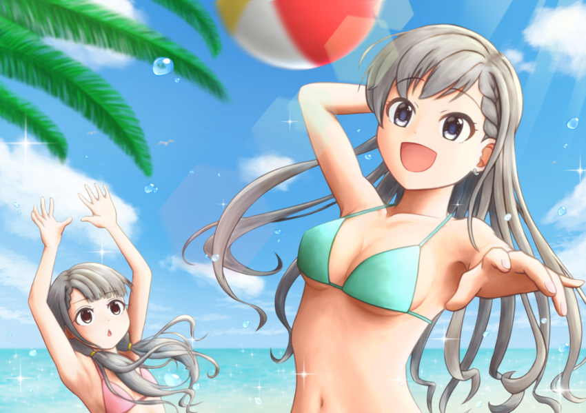 2girls, :<, :d, aqua_bikini, armpits, arms_up, asukago, ball, bangs, beach, beach_volleyball, beachball, bikini, blue_eyes, blue_sky, braid, braided_bangs, breasts, brown_eyes, clouds, earrings, falling, foreshortening, hisakawa_hayate, hisakawa_nagi, hitting, idolmaster, idolmaster_cinderella_girls, jewelry, lens_flare, light_rays, long_hair, medium_breasts, midriff, multiple_girls, navel, ocean, open_mouth, outstretched_hand, palm_tree, pink_bikini, playing, raised_eyebrows, siblings, silver_hair, sisters, sky, small_breasts, smile, sparkle, sunbeam, sunlight, swimsuit, tree, twins, twintails, upper_body, very_long_hair, volleyball, water_drop, wavy_hair