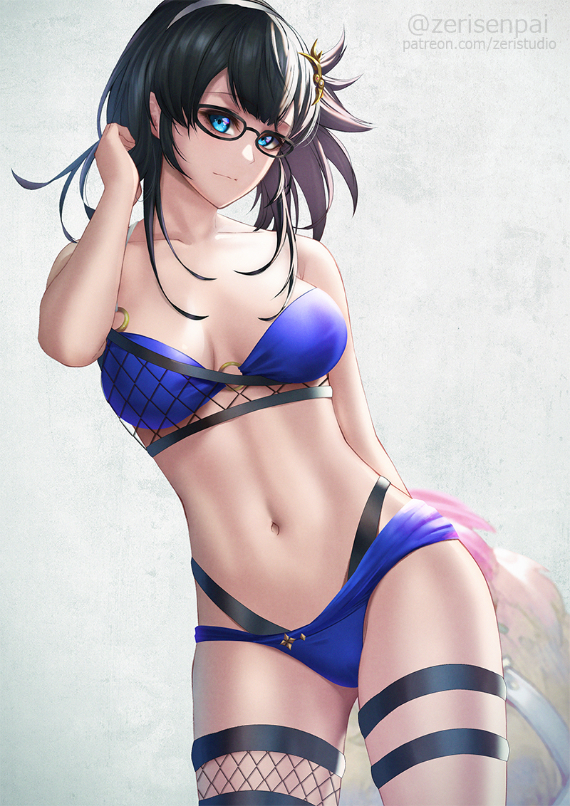 1girl, bare_shoulders, bikini, black-framed_eyewear, black_hair, blue_bikini, blue_eyes, breasts, glasses, granblue_fantasy, hairband, illnott, large_breasts, long_hair, looking_at_viewer, navel, o-ring, o-ring_bikini, single_thighhigh, solo, swimsuit, thigh-highs, thigh_strap, zeri_(zeristudio)