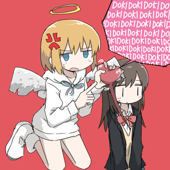 angel, angel_wings, anger_vein, black_coat, blue_eyes, blush, boots, bow