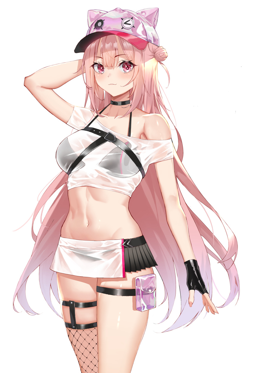 1girl, absurdres, animal_ear_headwear, arm_up, bangs, bare_shoulders, baseball_cap, bikini