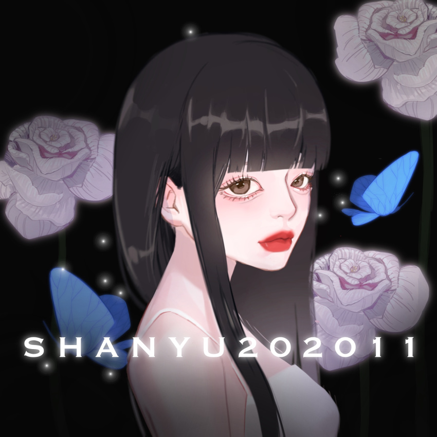 1girl, artist_name, black_background, black_hair, blue_butterfly, brown_eyes, bug, butterfly, copyright_request, dated, dress, flower, highres, icon, insect, lipstick, looking_at_viewer, makeup, orb, pale_skin, parted_lips, red_lips, rose, shanyu_6688, text, white_dress