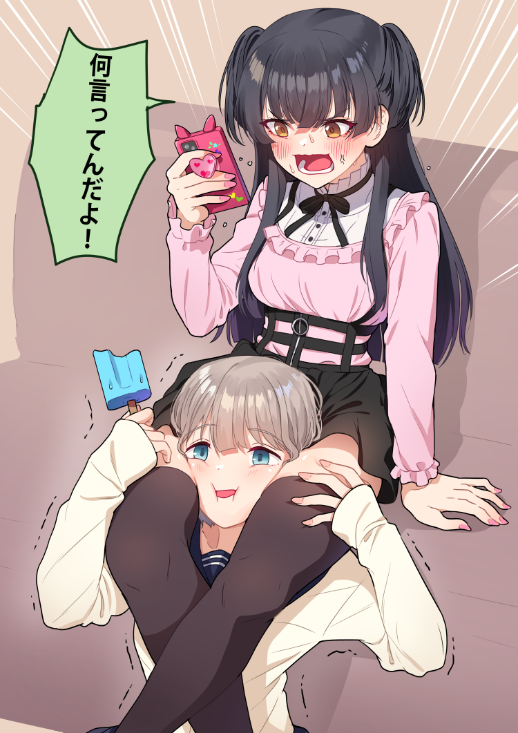 2girls, anger_vein, bangs, black_hair, black_ribbon, black_skirt, blunt_bangs, brown_hair