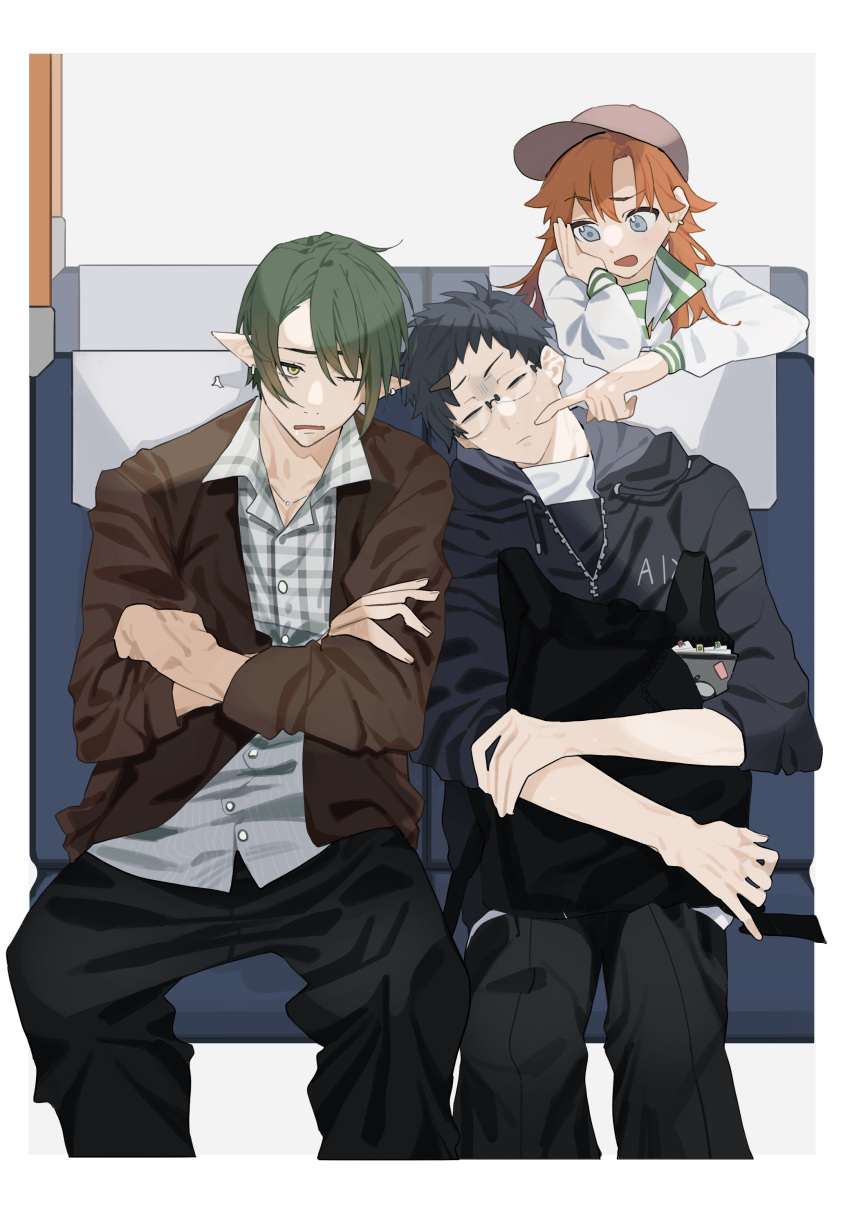 1girl, 2boys, absurdres, alternate_hair_length, alternate_hairstyle, bangs, black_hair, black_hoodie
