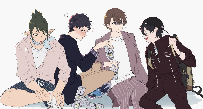 4boys, absurdres, backpack, backwards_hat, bag, baseball_cap, beige_pants, black_hair