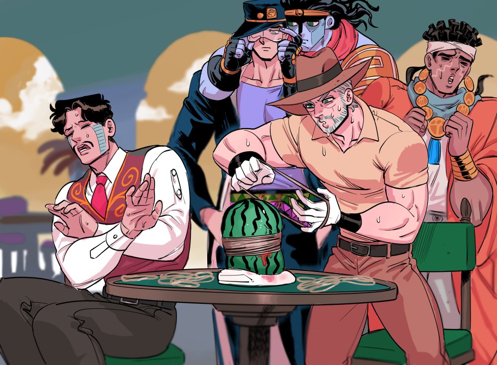 4boys, daniel_j._d'arby, food, fruit, gloves, hat, jewelry, jojo_no_kimyou_na_bouken, joseph_joestar, joseph_joestar_(old), kujo_jotaro, maitake_(cbe08253), mohammed_avdol, multiple_boys, muscular, muscular_male, necklace, necktie, red_vest, rubber_band, safety_glasses, shirt, stand_(jojo), star_platinum, stardust_crusaders, table, vest, watermelon, white_gloves, yellow_shirt