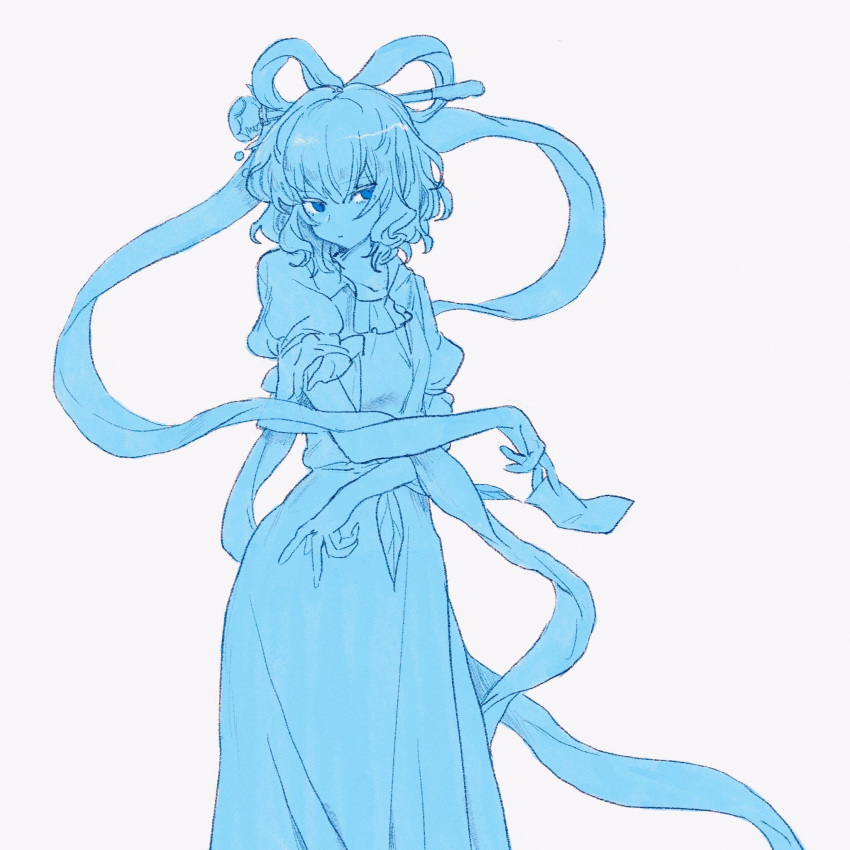 1girl, bangs, between_fingers, blue_eyes, blue_theme, breasts, dress, expressionless, feet_out_of_frame, hagoromo, hair_between_eyes, hair_ornament, hair_rings, hair_stick, highres, holding, holding_paper, kaku_seiga, ladenaku, looking_to_the_side, medium_hair, monochrome, ofuda, paper, puffy_short_sleeves, puffy_sleeves, shawl, short_sleeves, simple_background, small_breasts, solo, standing, touhou, vest, white_background