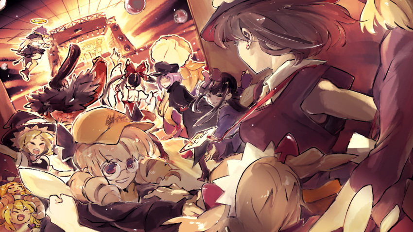 1boy, 1other, 6+girls, agucala_(cookie), bangs, baseball_cap, black_coat, black_eyes