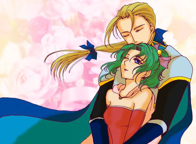 bare_shoulders, blonde_hair, blue_eyes, blue_ribbon, cape, couple, edgar_roni_figaro, closed_eyes, female, final_fantasy, final_fantasy_vi, green_hair, long_hair, male, nobu_(artist), ponytail, ribbon, tina_branford