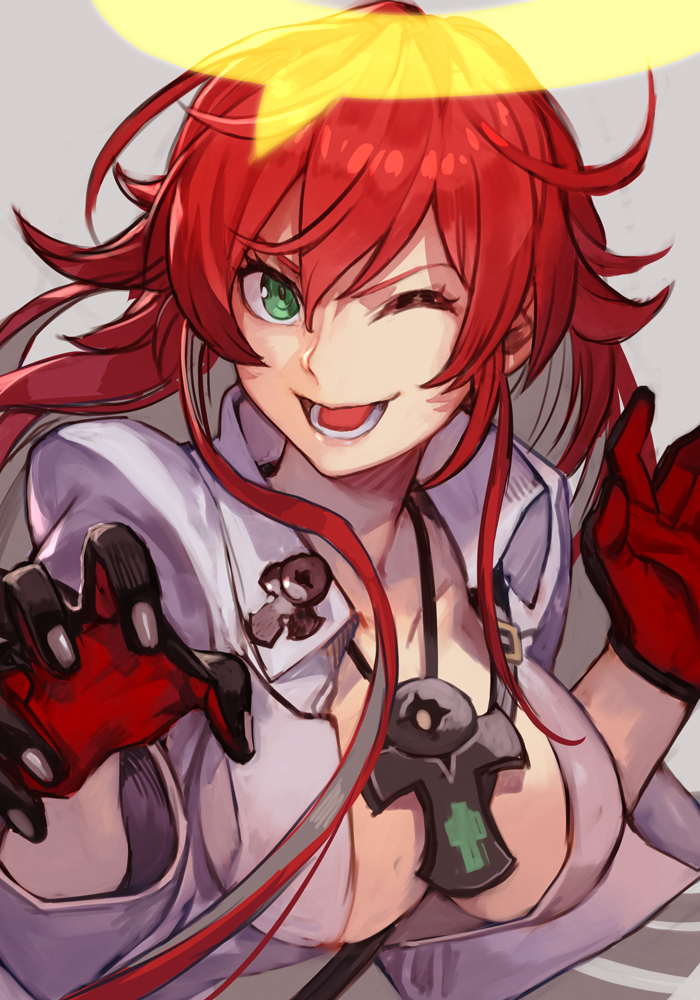 1girl, ankh, black_gloves, bodysuit, breasts, claw_pose, cleavage_cutout, clothing_cutout