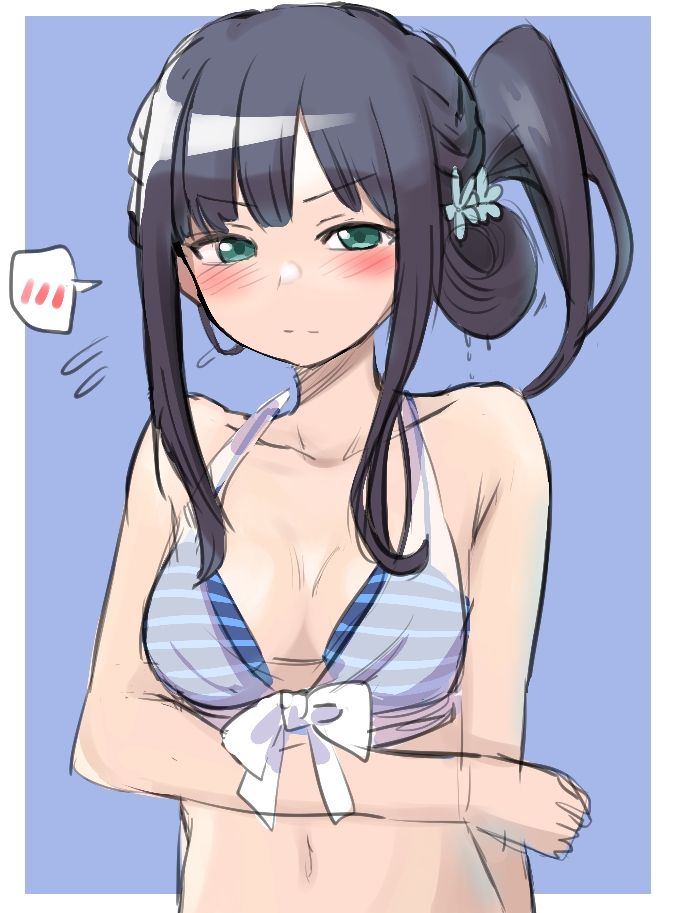 1girl, aqua_eyes, arm_under_breasts, bikini, blue_background, blue_hair, blush, border