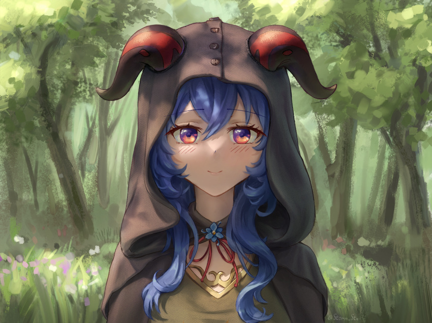 1girl, bangs, blue_hair, blush, cape, english_commentary, eyebrows_visible_through_hair, flower