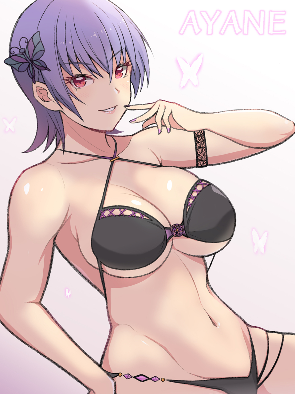 1girl, arm_strap, ayane_(doa), bikini, black_bikini, butterfly_hair_ornament, character_name, commentary_request