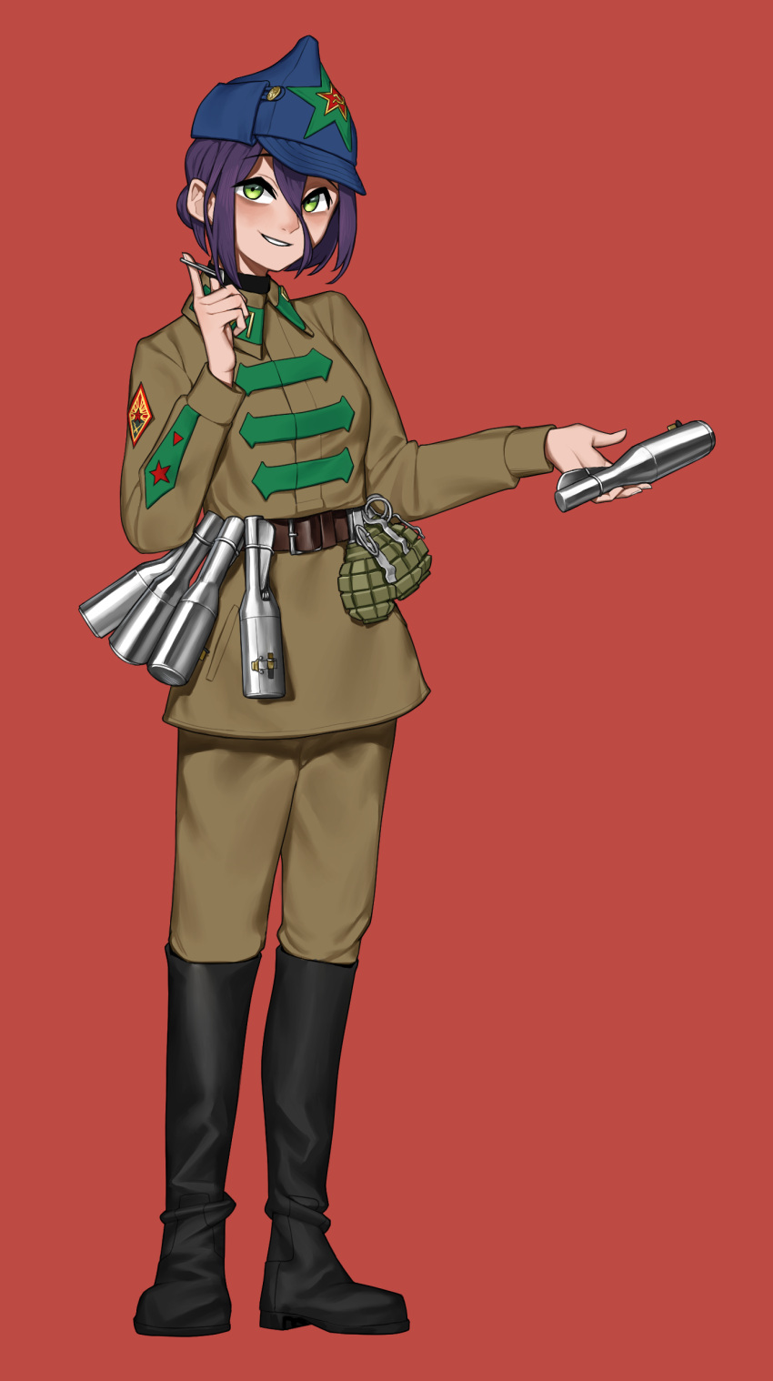 1girl, absurdres, belt, black_choker, blue_headwear, boots, breasts, brown_belt