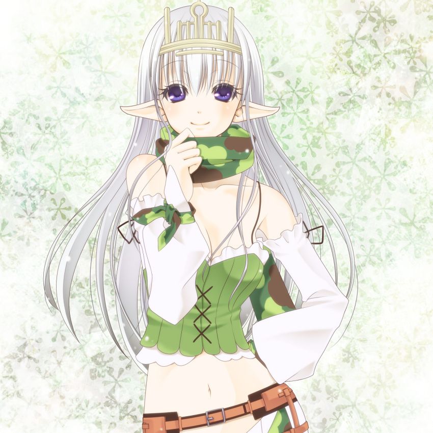 1girl, bangs, belt, blush, breasts, brown_belt, camouflage_scarf, closed_mouth