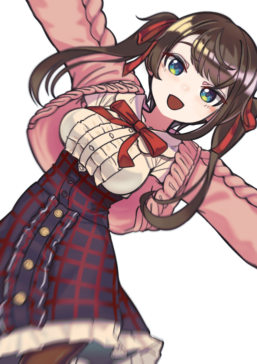 1girl, absurdres, aran_sweater, bangs, blue_eyes, blush, buttons, dress