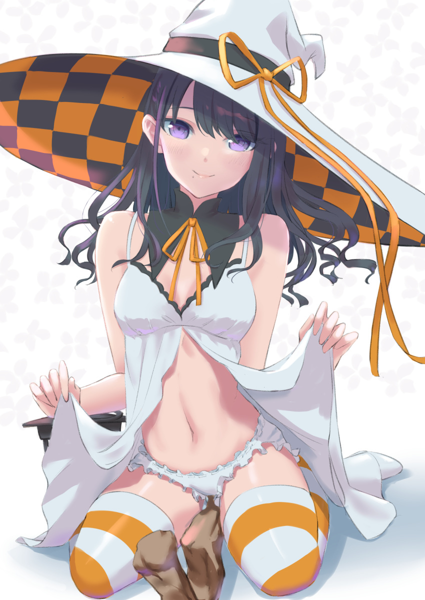 1girl, absurdres, black_hair, checkered, checkered_headwear, closed_mouth, detached_collar, floating_hair