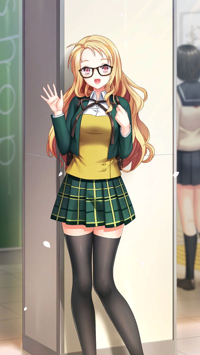 2girls, :d, black-framed_eyewear, black_legwear, black_ribbon, blonde_hair, brown_eyes, collared_shirt, doukyuusei_2, doukyuusei_another_world, dress_shirt, game_cg, glasses, green_jacket, green_skirt, jacket, long_hair, long_sleeves, looking_at_viewer, maijima_karen, miniskirt, multiple_girls, neck_ribbon, official_art, open_clothes, open_jacket, open_mouth, plaid, plaid_skirt, pleated_skirt, ribbon, shirt, skirt, smile, solo_focus, thigh-highs, very_long_hair, waving, white_shirt, wing_collar, zettai_ryouiki