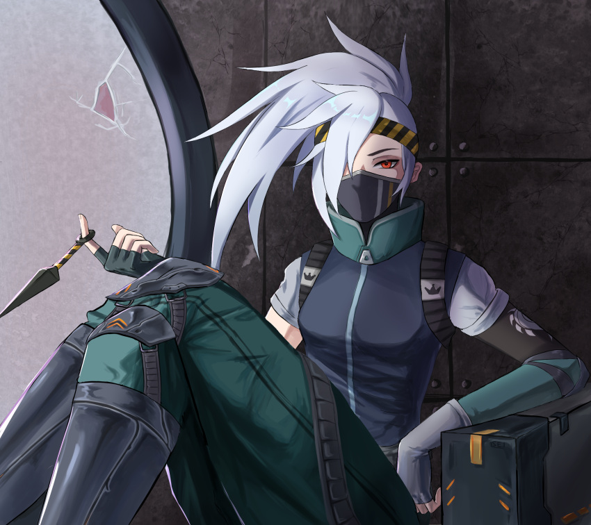 0sei6, 1girl, against_wall, akali, arm_rest, black_mask, black_shirt, breasts
