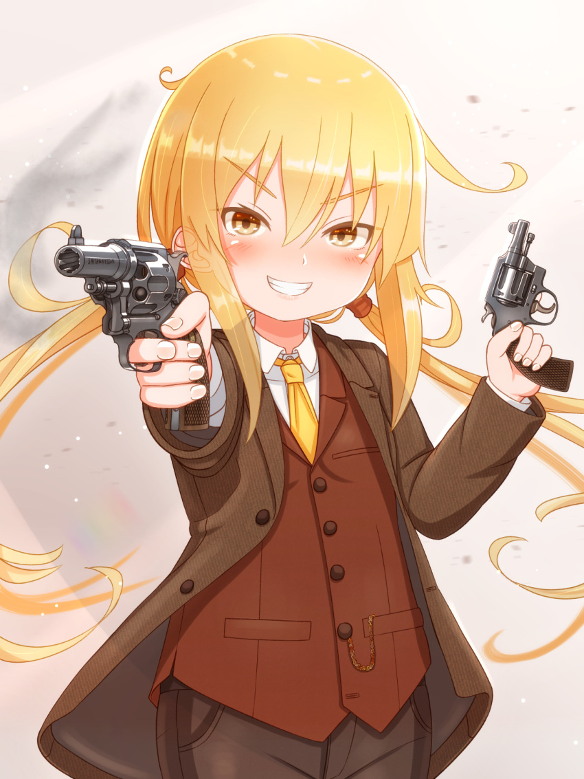 1girl, alternate_costume, bangs, brown_pants, dual_wielding, eyebrows_visible_through_hair, grin, gun
