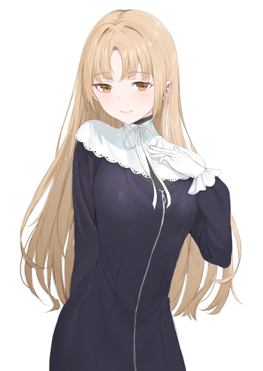 1girl, arm_behind_back, bangs, black_dress, blush, capelet, dress, eyebrows_visible_through_hair