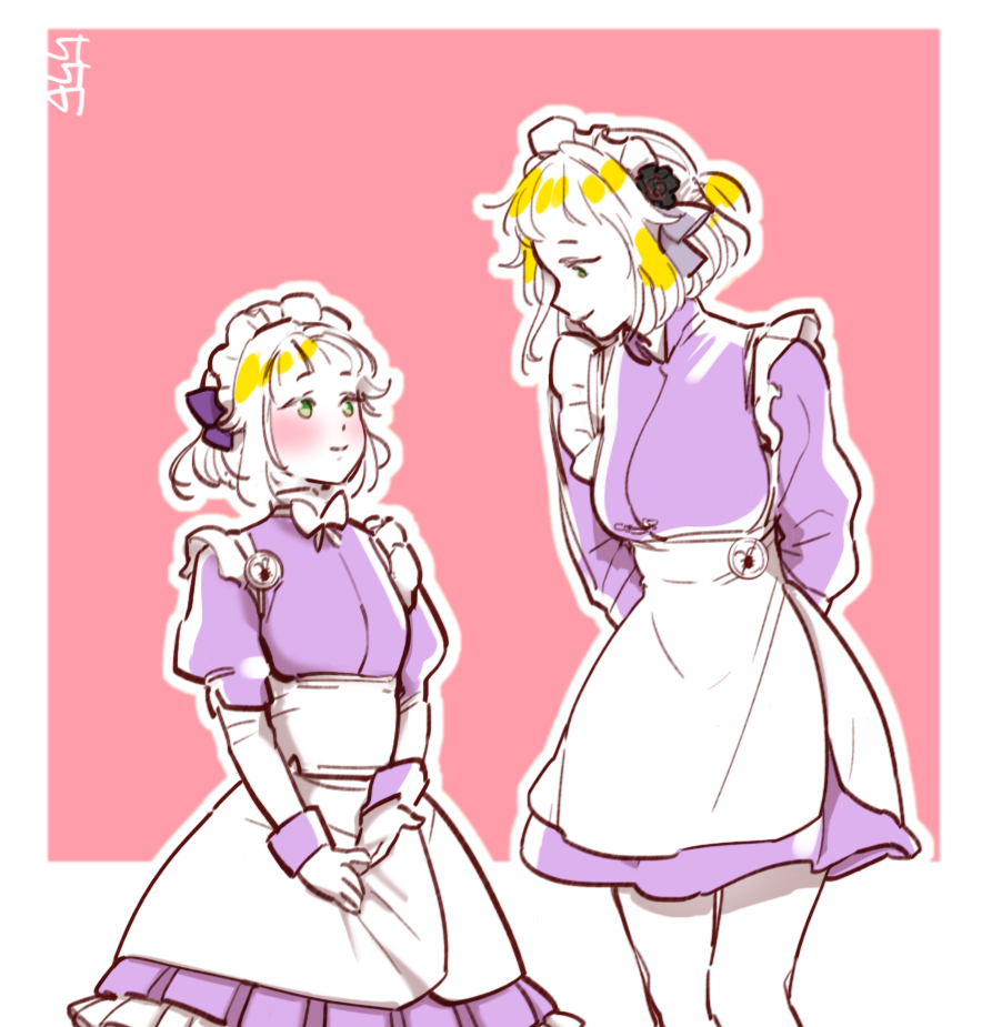 2girls, 556_(rzrv7332), apron, aqua_(last_origin), blonde_hair, blush, breasts, dual_persona, green_eyes, last_origin, looking_at_another, maid, maid_headdress, medium_breasts, multiple_girls, older, partially_colored, short_hair, simple_background, smile