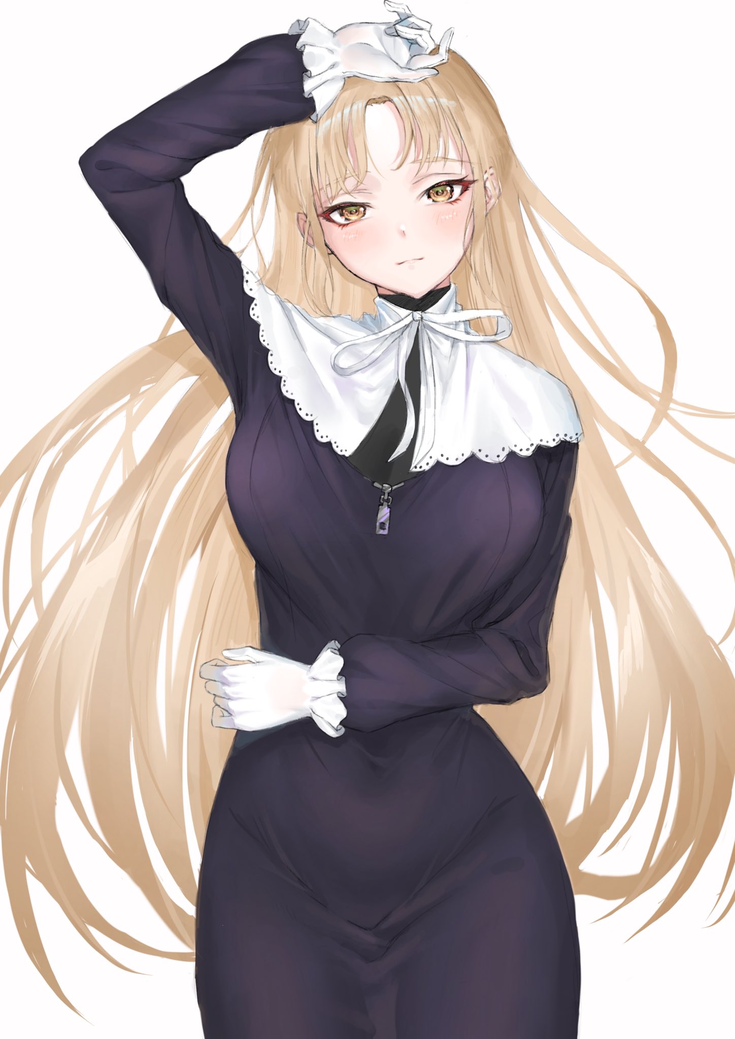 1girl, bangs, black_dress, capelet, covered_navel, dress, eyebrows_visible_through_hair, eyelashes