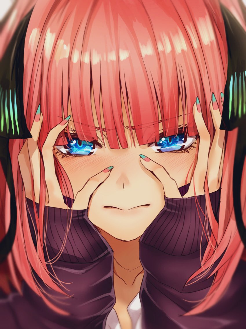 1girl, blue_eyes, blue_nails, blush, closed_mouth, embarrassed, go-toubun_no_hanayome, hands_on_own_face