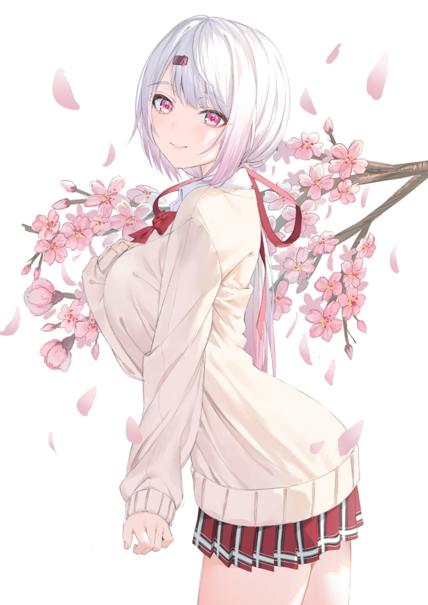 1girl, bangs, black_hoodie, cardigan, cherry_blossoms, eyebrows_visible_through_hair, eyelashes, flower