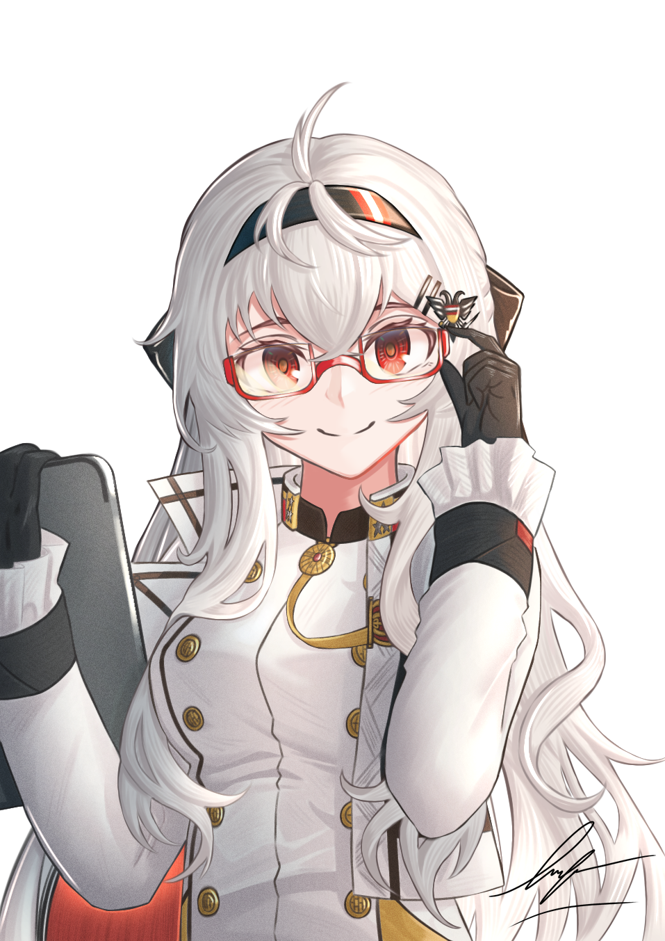 1girl, bespectacled, black_gloves, black_headband, breasts, girls_frontline, glasses, gloves, hair_ornament, headband, highres, iws_2000_(girls_frontline), long_sleeves, looking_at_viewer, medium_breasts, red-framed_eyewear, red_eyes, smile, solo, unitaka, upper_body, white_hair, white_uniform