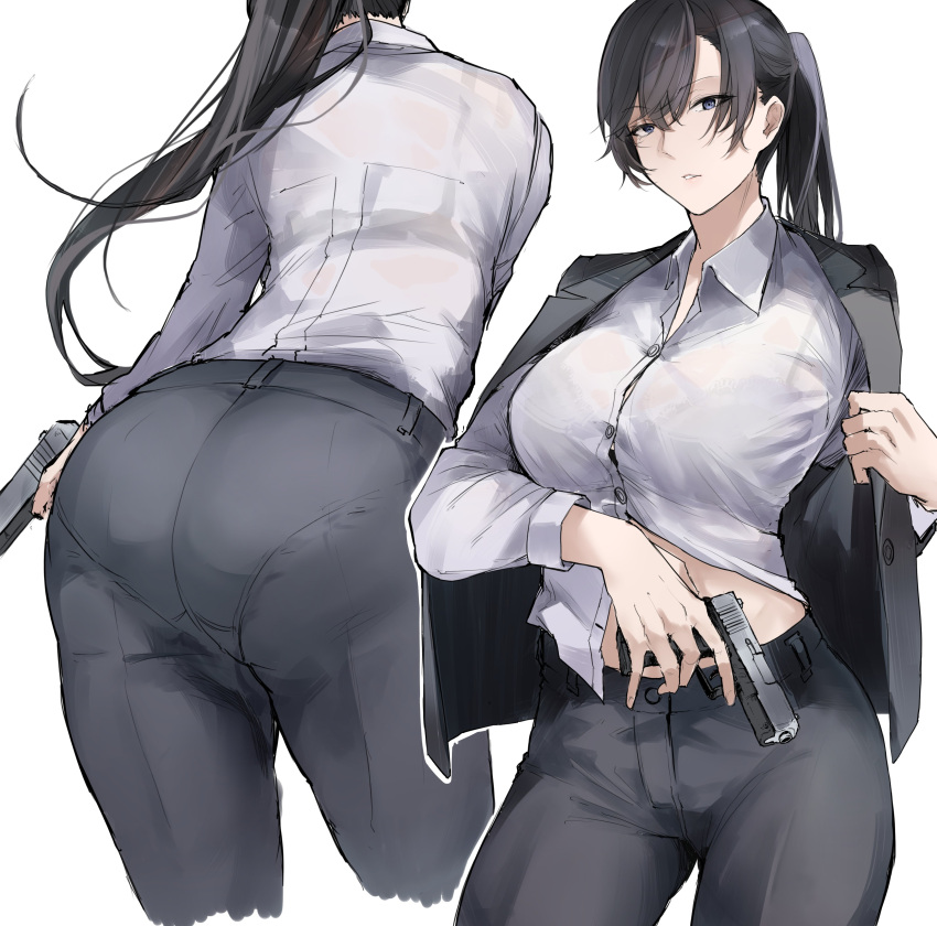 1girl, absurdres, ass, black_hair, bra_through_clothes, breasts, collared_shirt, formal