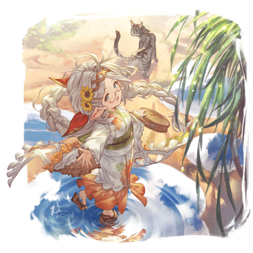 1girl, bag, black_gloves, blue_eyes, blush_stickers, bow, breasts, cat, flower, full_body, glasses, gloves, granblue_fantasy, hair_flower, hair_ornament, handbag, harvin, holding, japanese_clothes, kimono, leaf, long_hair, looking_at_viewer, official_art, pointy_ears, puddle, reflective_water, sand, sash, semi-rimless_eyewear, small_breasts, smile, transparent_background, tree, very_long_hair, water, white_hair, young_cat_(granblue_fantasy), yukata, zahlhamelina