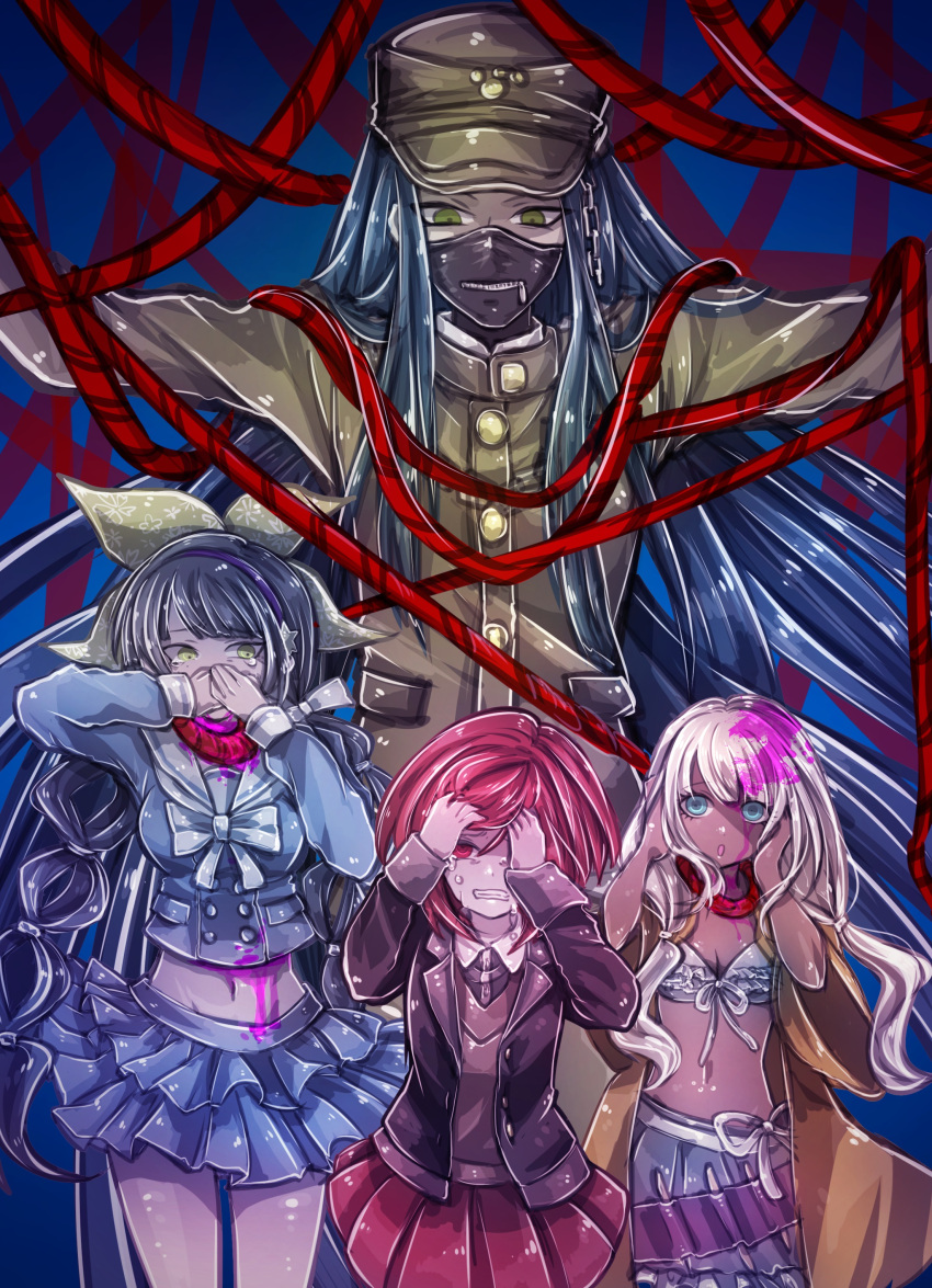 1boy, 3girls, absurdres, black_hair, blood, bow, bowtie, chabashira_tenko