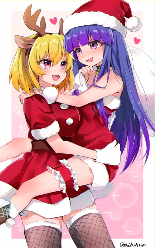 2girls, bag, blonde_hair, blue_eyes, blush, boots, carrying, eru