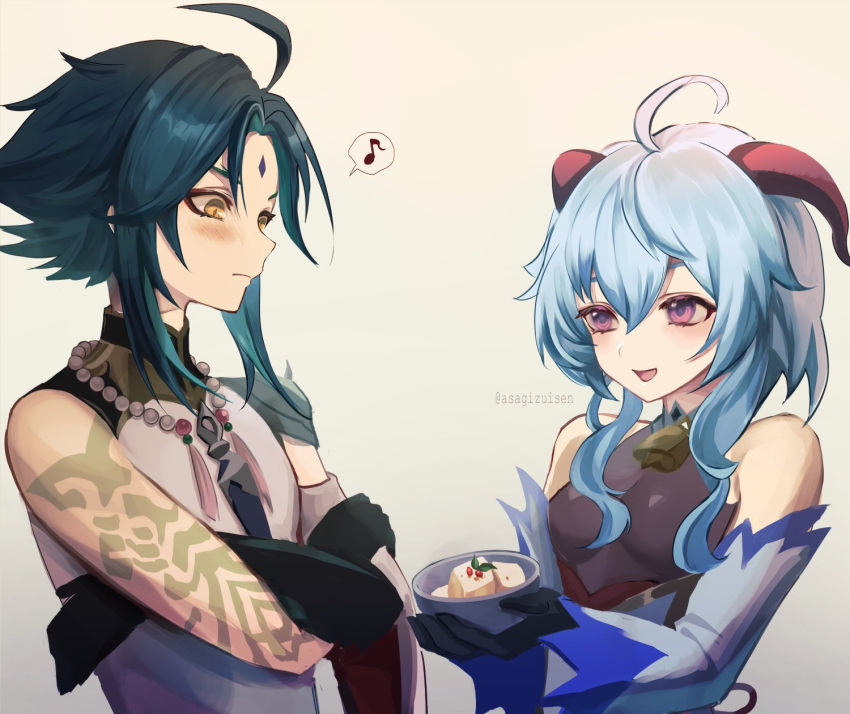 1boy, 1girl, ahoge, aqua_hair, artist_name, asagizuisen, bangs, bare_shoulders, bead_necklace, beads, bell, black_gloves, blush, bodystocking, bowl, cowbell, crossed_arms, detached_sleeves, facial_mark, food, forehead_mark, ganyu_(genshin_impact), genshin_impact, gloves, hair_between_eyes, hair_intakes, hair_over_shoulder, highres, horns, jewelry, leaf, musical_note, neck_bell, necklace, open_mouth, shared_food, short_hair, sidelocks, single_sleeve, slit_pupils, tattoo, twitter_username, violet_eyes, white_background, wide_sleeves, xiao_(genshin_impact), yellow_eyes