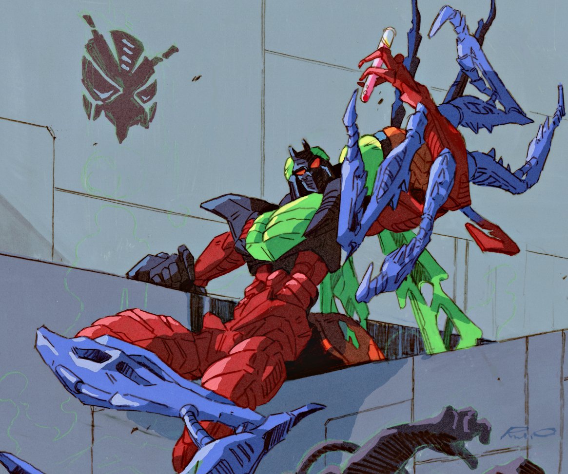 1990s_(style), 1boy, arthropod_legs, asymmetrical_arms, beast_wars, beast_wars:_transformers, bug, chemicals, insect, insect_wings, insecticon, locust, marble-v, mecha, organic, predacon, red_eyes, retro_artstyle, scientist, scourge_(beast_wars), scourge_(transformers), sitting, symbol, test_tube, transformers, wall, wings