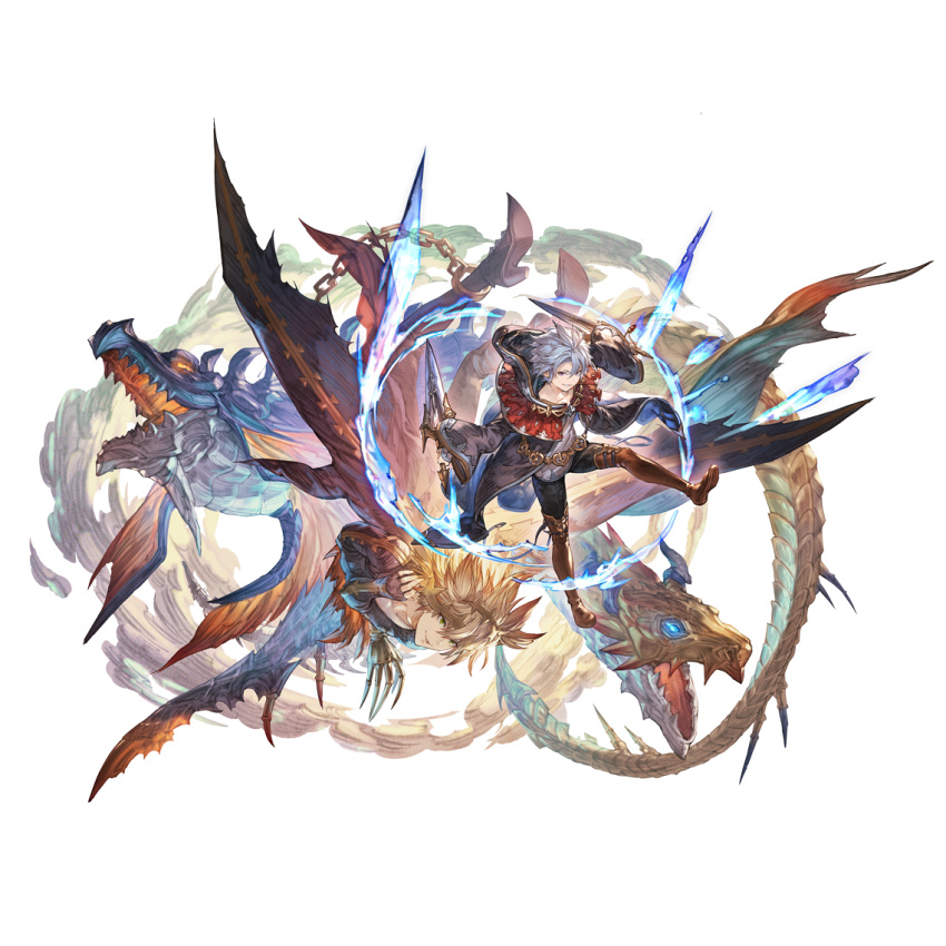 2boys, blonde_hair, blue_eyes, caim_(granblue_fantasy), chain, cloak, collarbone, dagger