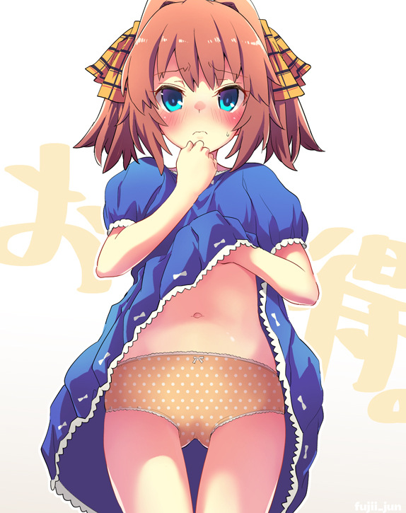 1girl, ass_visible_through_thighs, bangs, blue_dress, blue_eyes, blush, bow, brown_hair