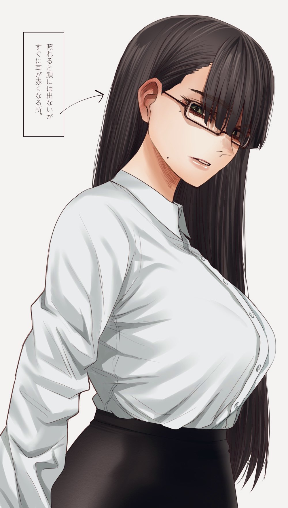 1girl, bags_under_eyes, black_hair, black_skirt, breasts, collared_shirt, from_side, green_eyes