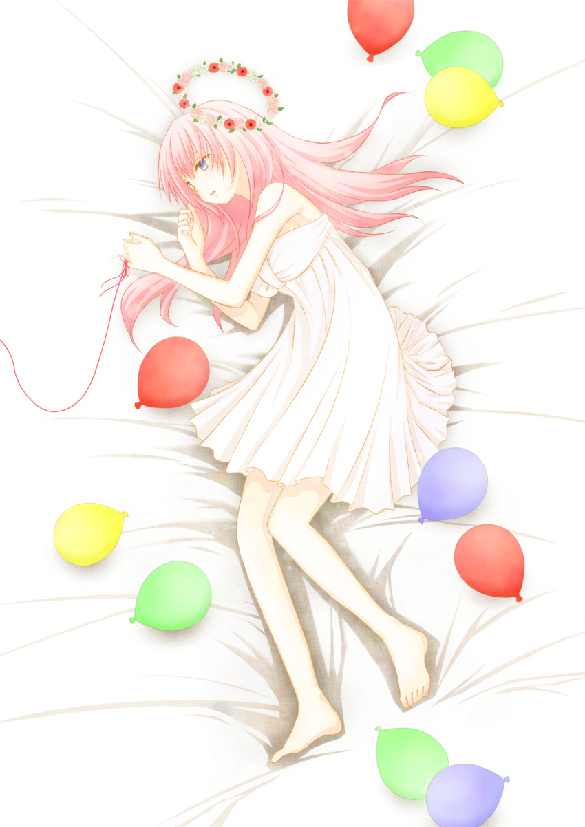 1girl, balloon, bed_sheet, cochis1322, flower, green_balloon, hair_flower, hair_ornament, highres, just_be_friends_(vocaloid), megurine_luka, red_balloon, string, string_of_fate, vocaloid