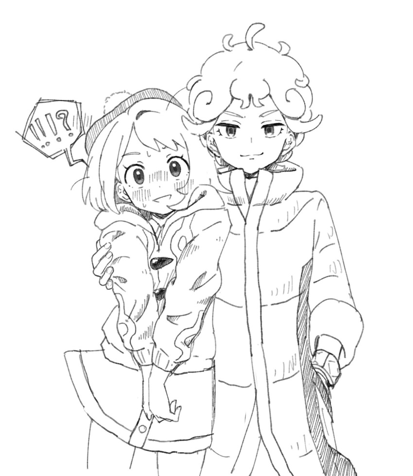 1boy, 1girl, ahoge, banana_jirou, bangs, bede_(pokemon), blush, bob_cut