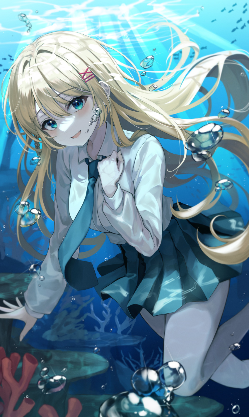 1girl, absurdres, air_bubble, blonde_hair, blue_eyes, blue_skirt, bubble, collared_shirt