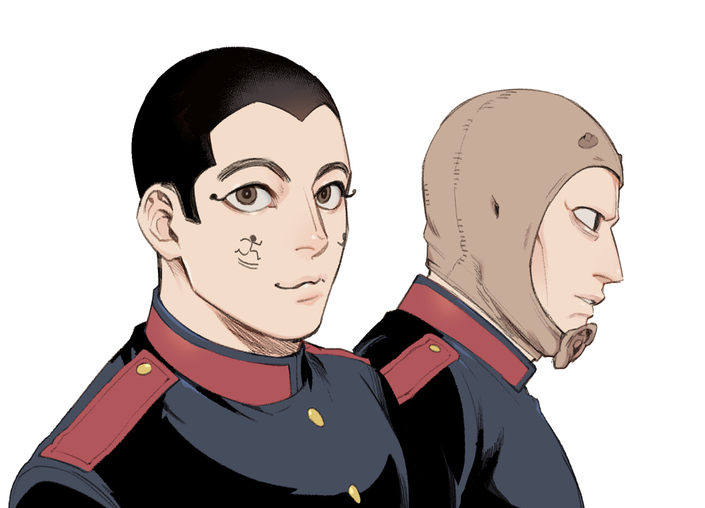 2boys, black_eyes, black_hair, brown_eyes, buzz_cut, facial_mark, foxvulpine, golden_kamuy